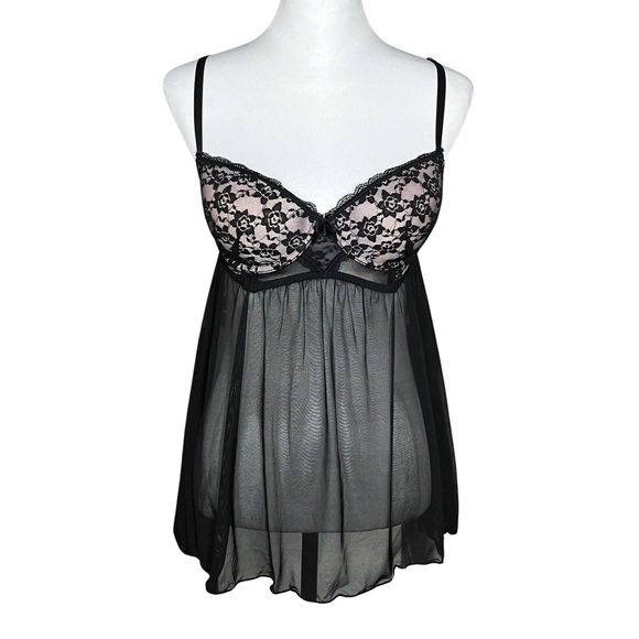 Vintage Other - Y2K Black Sheer Babydoll Chemise Push Up Slip Dress. Small. Coquette, Whimsigoth